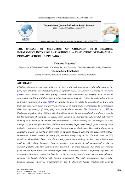 (PDF) THE IMPACT OF INCLUSION OF CHILDREN WITH HEARING IMPAIRMENT INTO ...