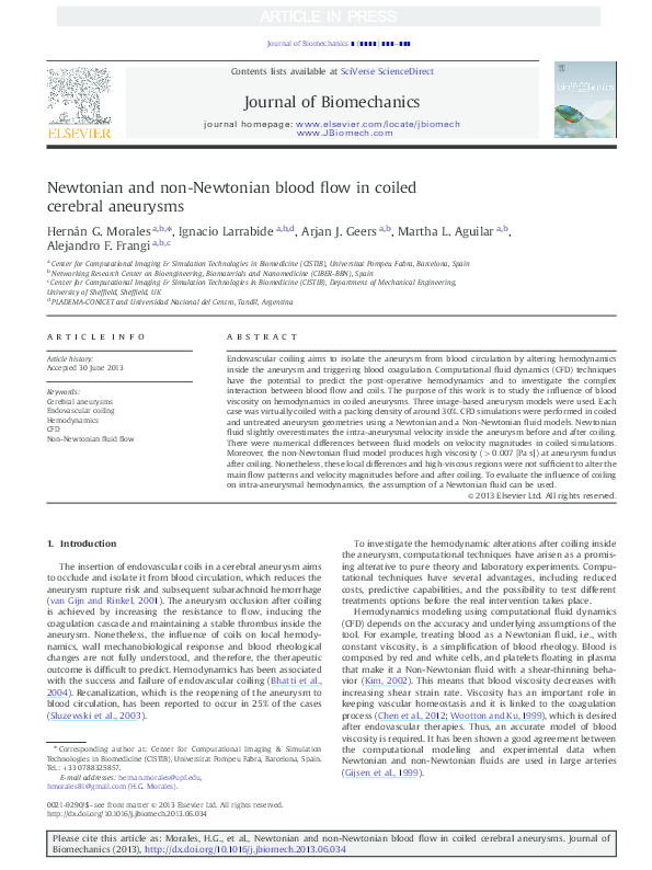 (PDF) Newtonian and non-Newtonian blood flow in coiled cerebral aneurysms
