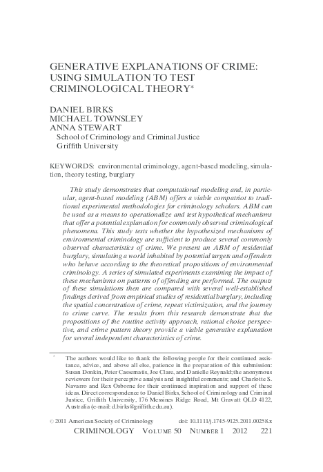 (PDF) GENERATIVE EXPLANATIONS OF CRIME: USING SIMULATION TO TEST ...