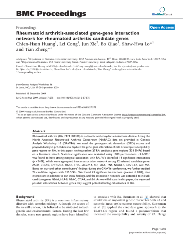 (PDF) Rheumatoid arthritisassociated genegene interaction network for