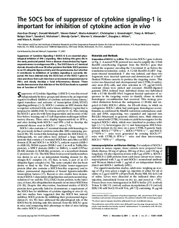 (PDF) The SOCS box of suppressor of cytokine signaling-1 is important ...