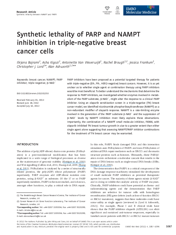 (PDF) Synthetic lethality of PARP and NAMPT inhibition in triple ...
