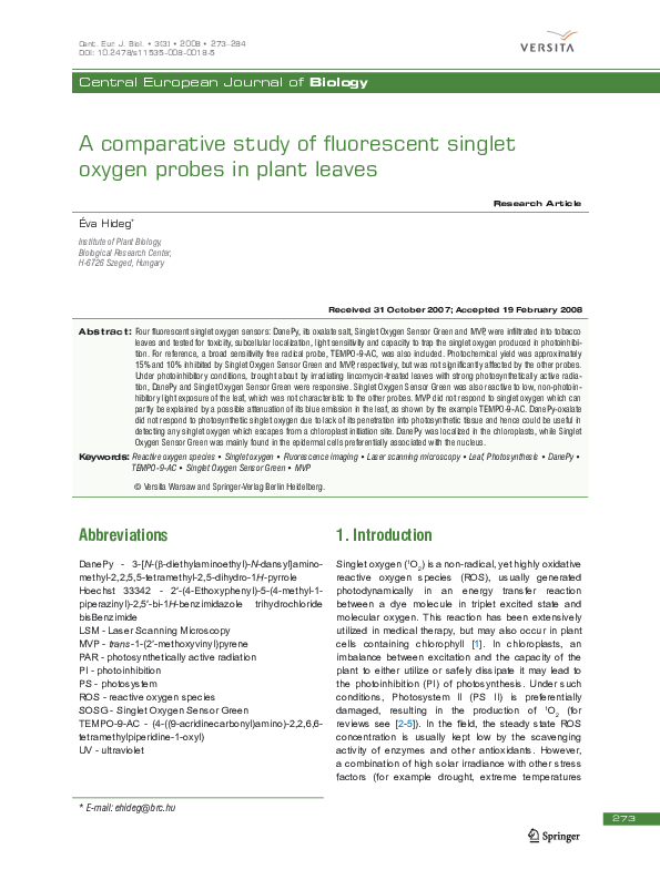 (PDF) A comparative study of fluorescent singlet oxygen probes in plant ...