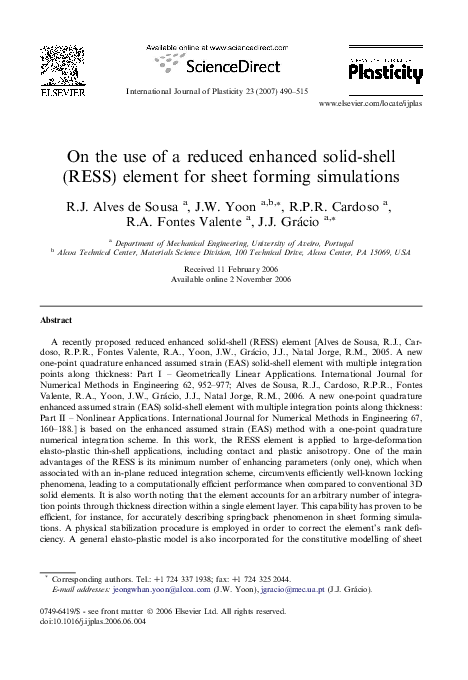 (PDF) On the use of a reduced enhanced solid-shell (RESS) element for ...