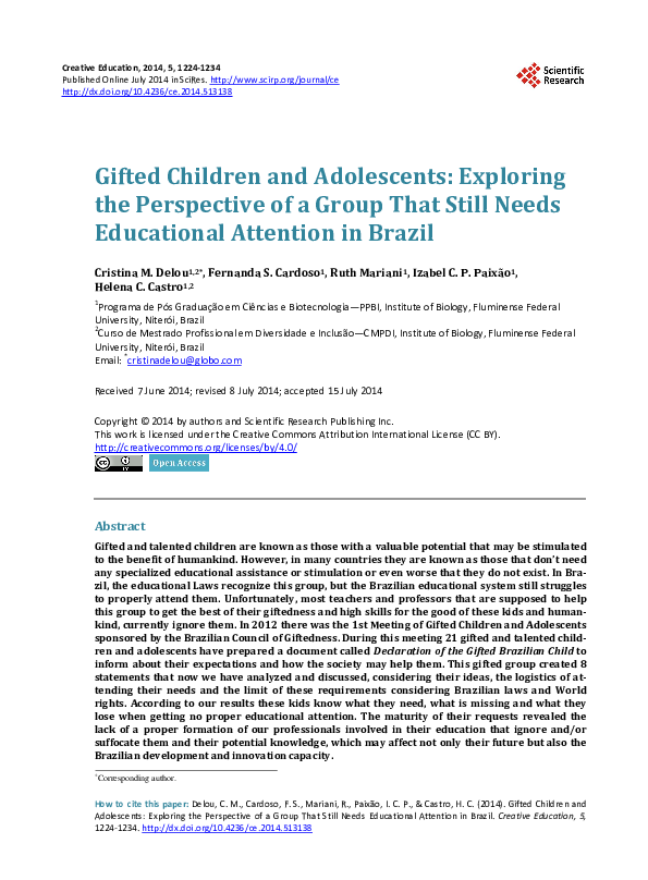 (PDF) Gifted Children and Adolescents: Exploring the Perspective of a ...