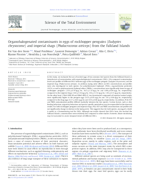 (PDF) Organohalogenated contaminants in eggs of rockhopper penguins