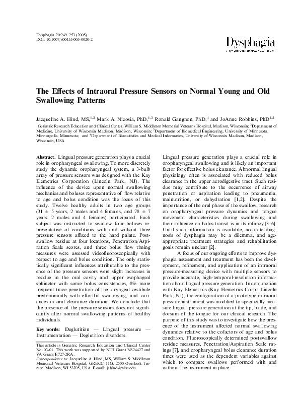 (PDF) The Effects of Intraoral Pressure Sensors on Normal Young and Old Swallowing Patterns