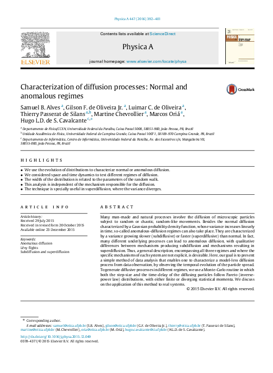 (PDF) Characterization of diffusion processes: Normal and anomalous regimes