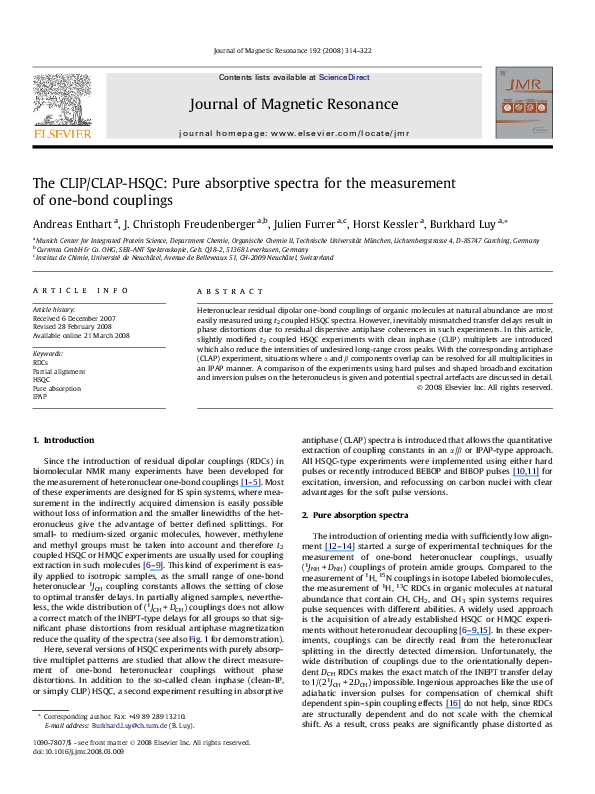 (PDF) The CLIP/CLAPHSQC Pure absorptive spectra for the measurement of onebond couplings