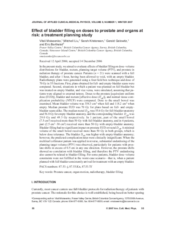 (PDF) Effect of bladder filling on doses to prostate and organs at risk ...