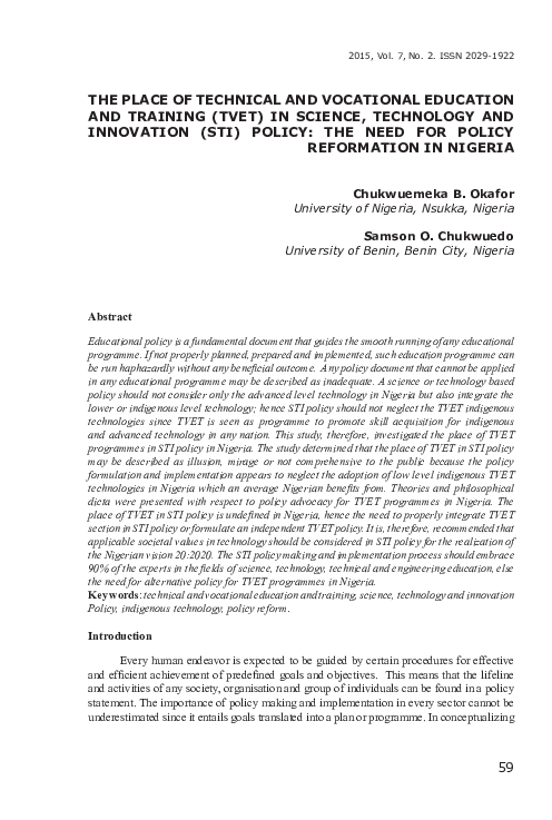 (PDF) THE PLACE OF TECHNICAL AND VOCATIONAL EDUCATION AND TRAINING ...