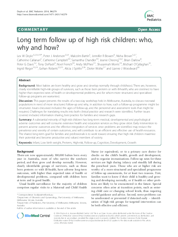 (PDF) Long term follow up of high risk children: who, why and how?