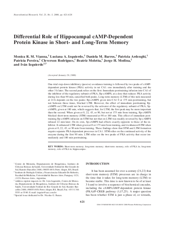 (PDF) Differential role of hippocampal cAMP-dependent protein kinase in ...
