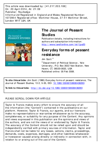 (PDF) The Journal of Peasant Studies Everyday forms of peasant resistance