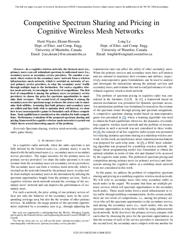 (PDF) Competitive Spectrum Sharing and Pricing in Cognitive Wireless ...