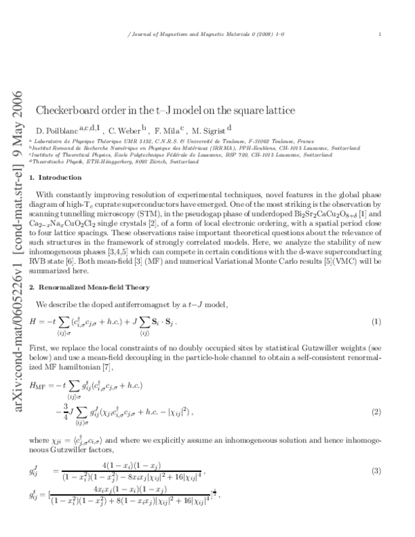 (PDF) Checkerboard order in the t–J model on the square lattice