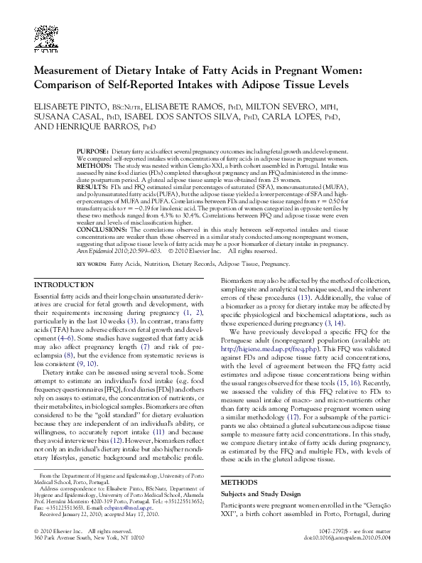 (PDF) Measurement of Dietary Intake of Fatty Acids in Pregnant Women ...