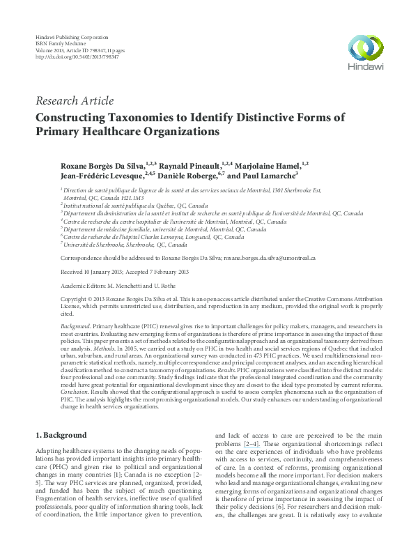 Pdf Constructing Taxonomies To Identify Distinctive Forms Of Primary Healthcare Organizations Raynald Pineault And Paul Lamarche Academia Edu