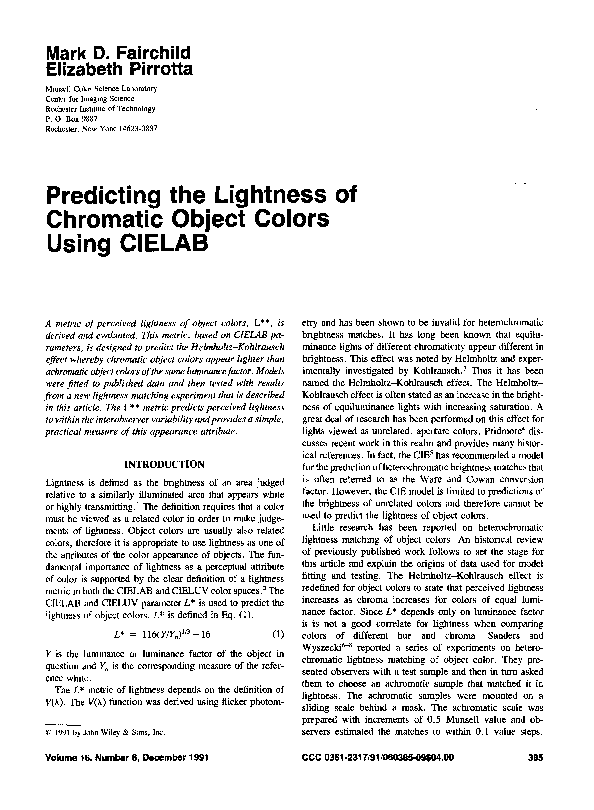 (PDF) Predicting the lightness of chromatic object colors using CIELAB