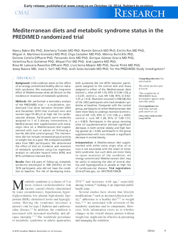 (PDF) Mediterranean diets and metabolic syndrome status in the PREDIMED ...