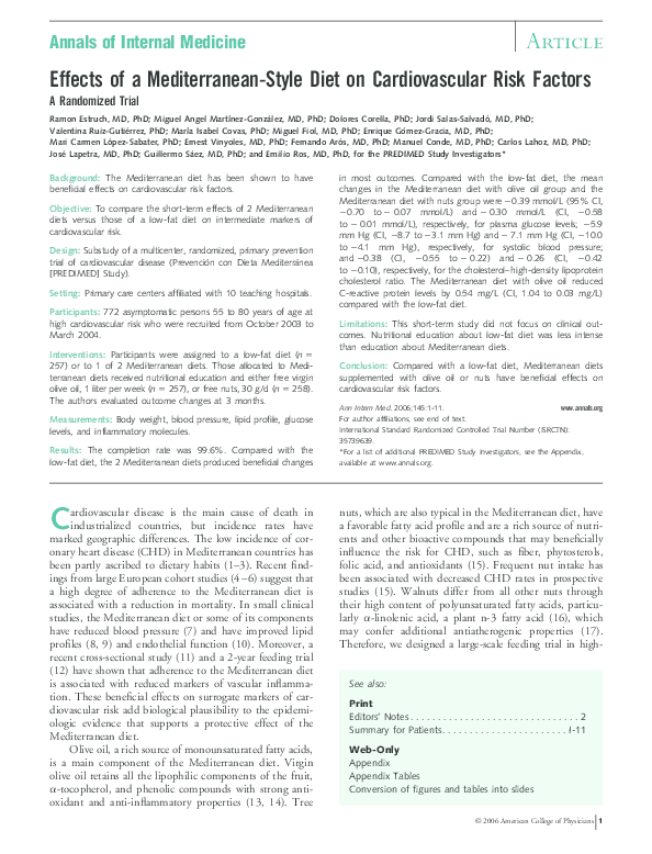 (PDF) Effects of a Mediterranean-Style Diet on Cardiovascular Risk Factors