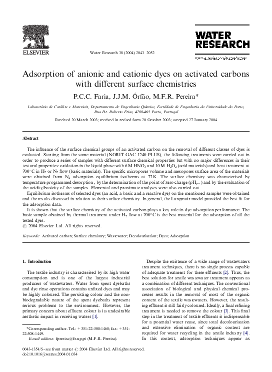Adsorption of anionic and cationic dyes on activated carbons with different surface chemistries