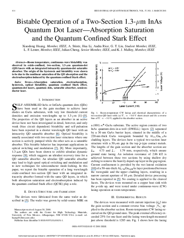 (PDF) Bistable operation of a two-section 1.3 m InAs quantum dot laser ...