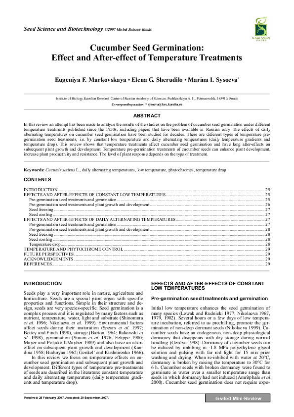 Cucumber Seed Germination Effect and Aftereffect of Temperature