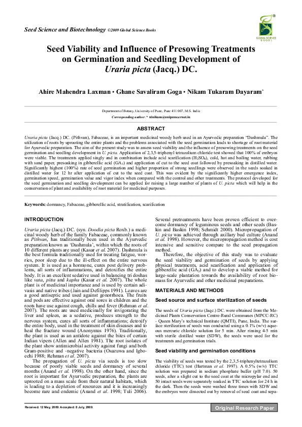 Seed Viability and Influence of Presowing Treatments on Germination and ...