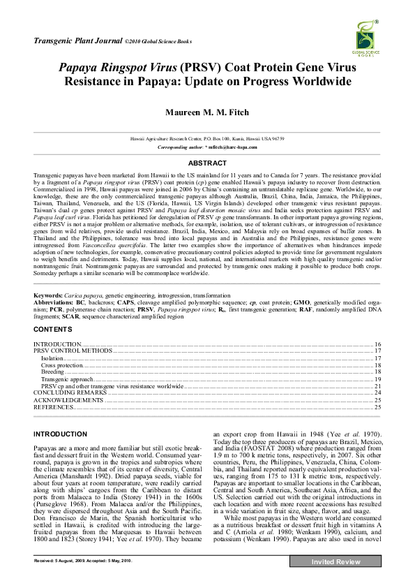 Papaya Ringspot Virus (PRSV) Coat Protein Gene Virus Resistance in Papaya Update on Progress