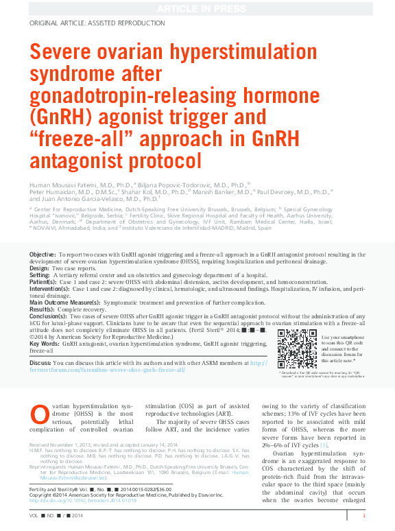 (PDF) Severe ovarian hyperstimulation syndrome after gonadotropin