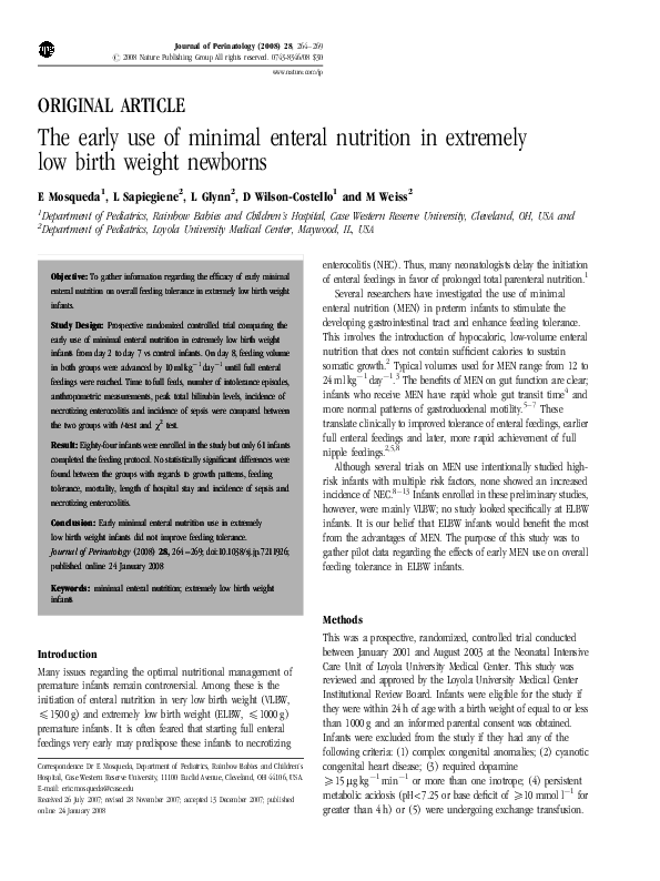 (PDF) The early use of minimal enteral nutrition in extremely low birth
