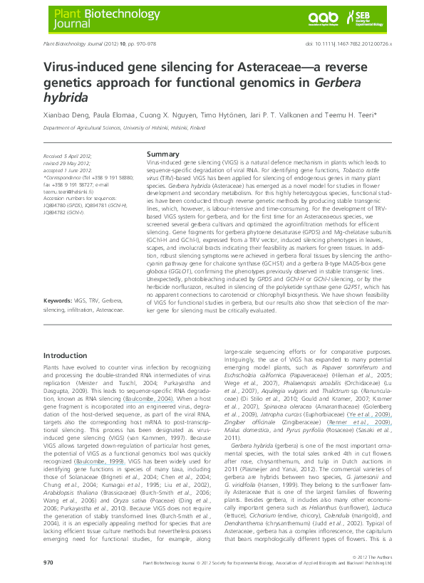 (PDF) Virus-induced gene silencing for Asteraceae-a reverse genetics ...