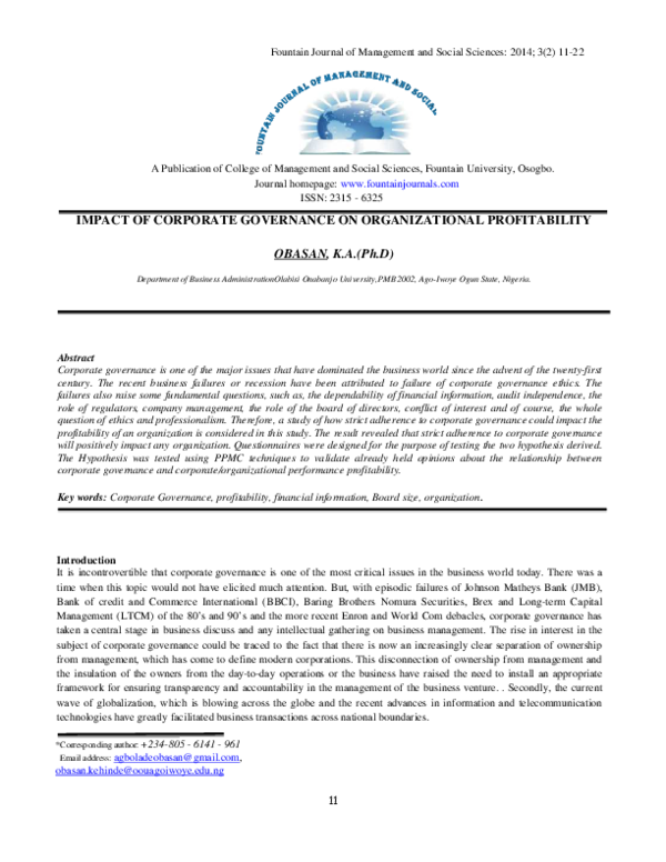 (PDF) IMPACT OF CORPORATE GOVERNANCE ON ORGANIZATIONAL PROFITABILITY