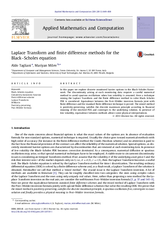 (PDF) Laplace Transform and finite difference methods for the Black ...