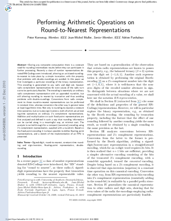 (PDF) Performing Arithmetic Operations on Round-to-Nearest Representations