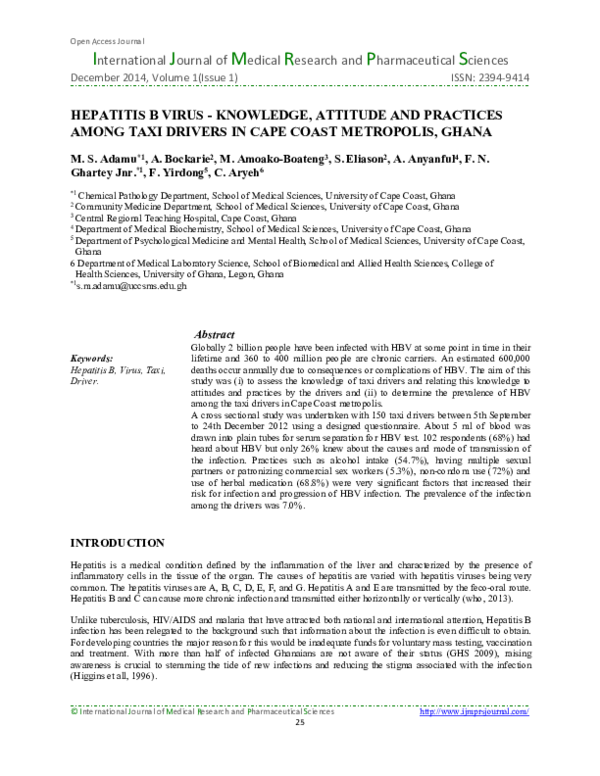 (PDF) HEPATITIS B VIRUS - KNOWLEDGE, ATTITUDE AND PRACTICES AMONG TAXI ...