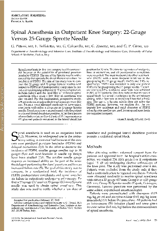 (PDF) Spinal Anesthesia in Outpatient Knee Surgery