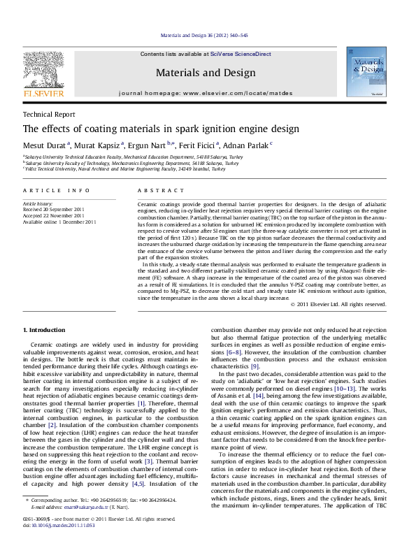 (PDF) The effects of coating materials in spark ignition engine design