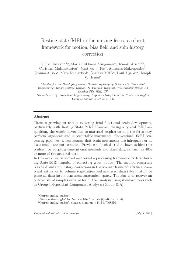 (PDF) Resting State fMRI in the moving fetus: A robust framework for ...