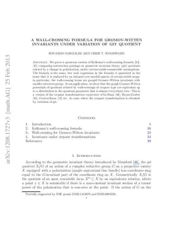 (PDF) A wallcrossing formula for GromovWitten invariants under