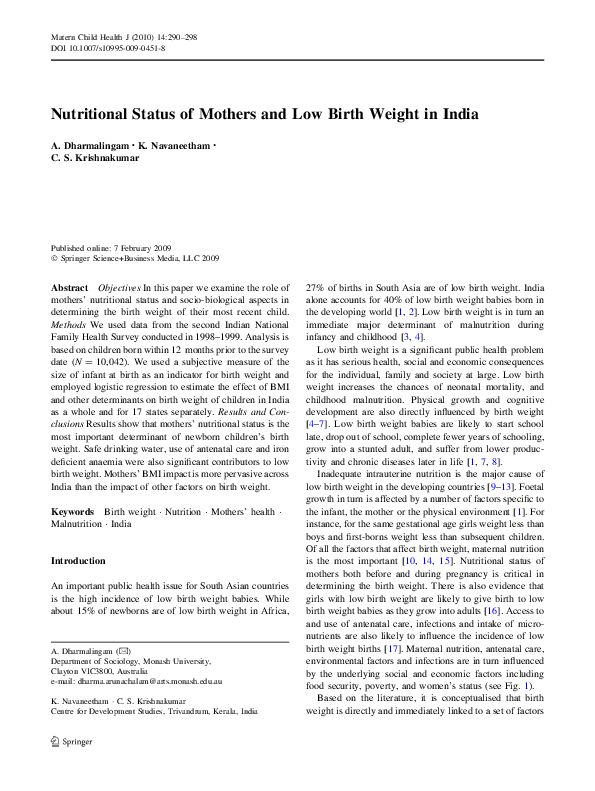 (PDF) Nutritional Status of Mothers and Low Birth Weight in India
