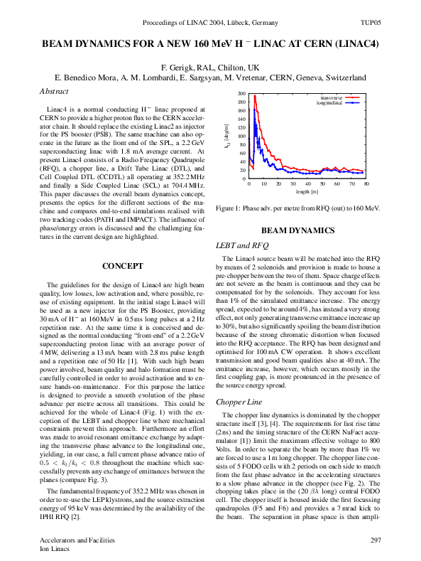 (PDF) Beam Dynamics for a New 160 MeV $H^{-}$ Linac at CERN (LINAC4)