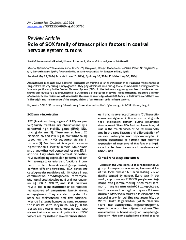 (PDF) Role of SOX family of transcription factors in central nervous ...