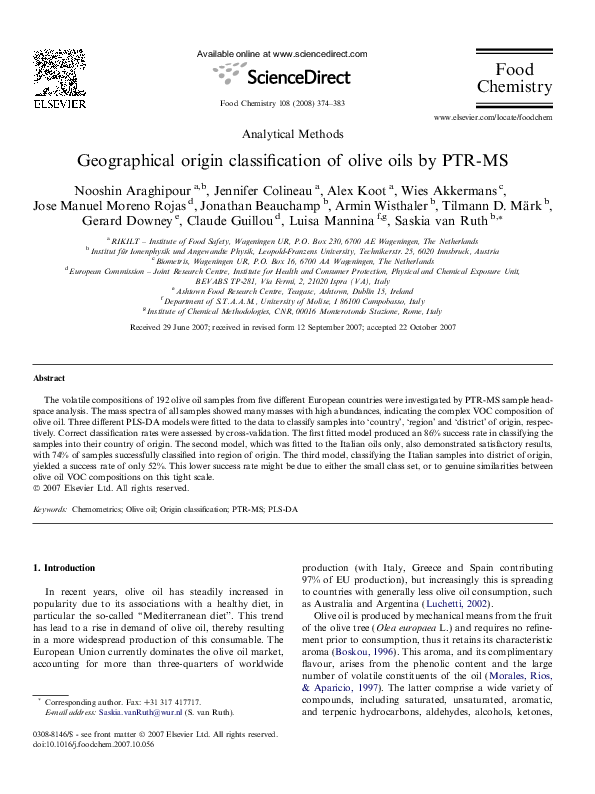 (PDF) Geographical origin classification of olive oils by PTR-MS