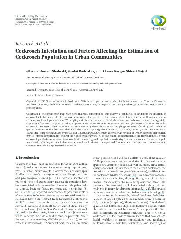 (PDF) Cockroach Infestation and Factors Affecting the Estimation of ...
