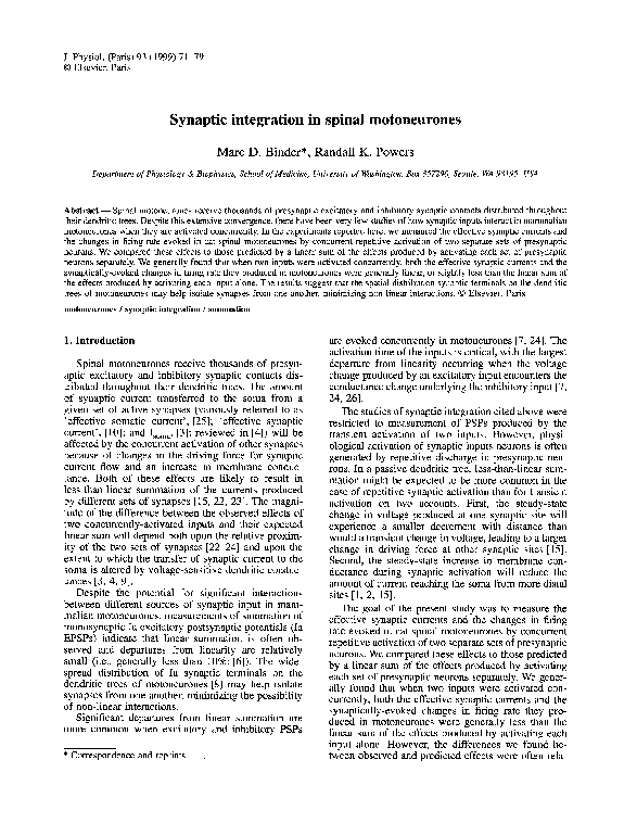 (PDF) Synaptic integration in spinal motoneurones