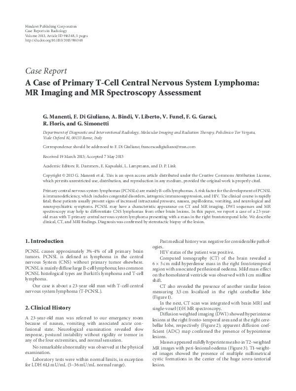 (PDF) A Case of Primary T-Cell Central Nervous System Lymphoma: MR ...