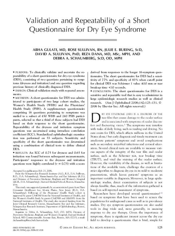 (PDF) Validation and Repeatability of a Short Questionnaire for Dry Eye ...