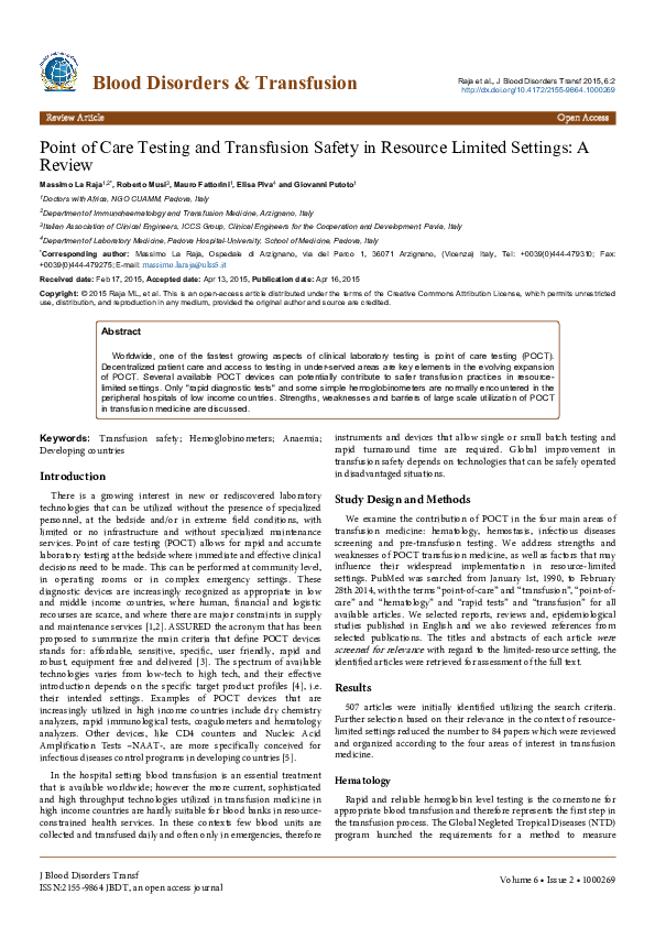 (PDF) Point of Care Testing and Transfusion Safety in Resource Limited ...